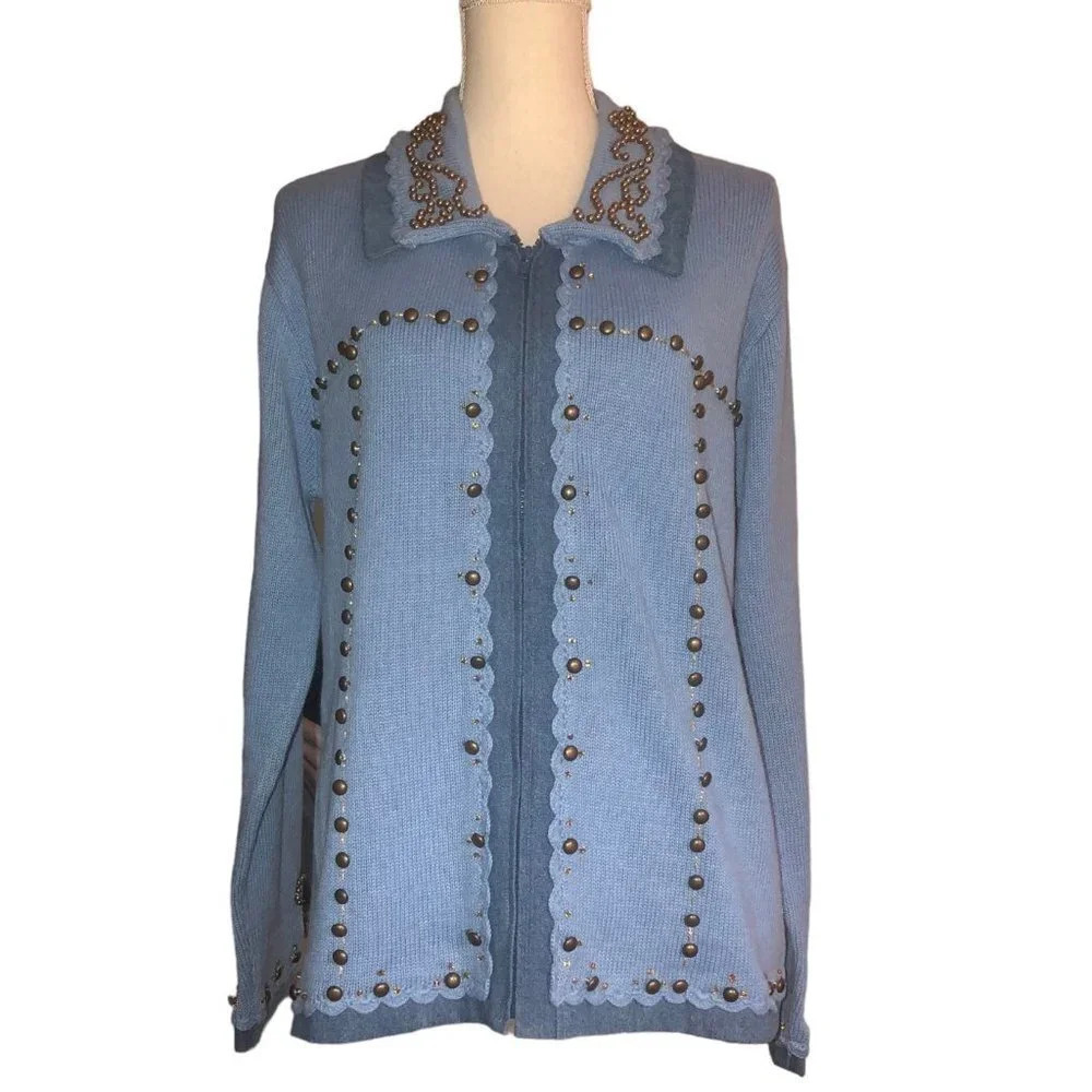 STORYBOOK KNITS Sz L "Studded Denim" Women's Blue Collared Cardigan Sweater NWT